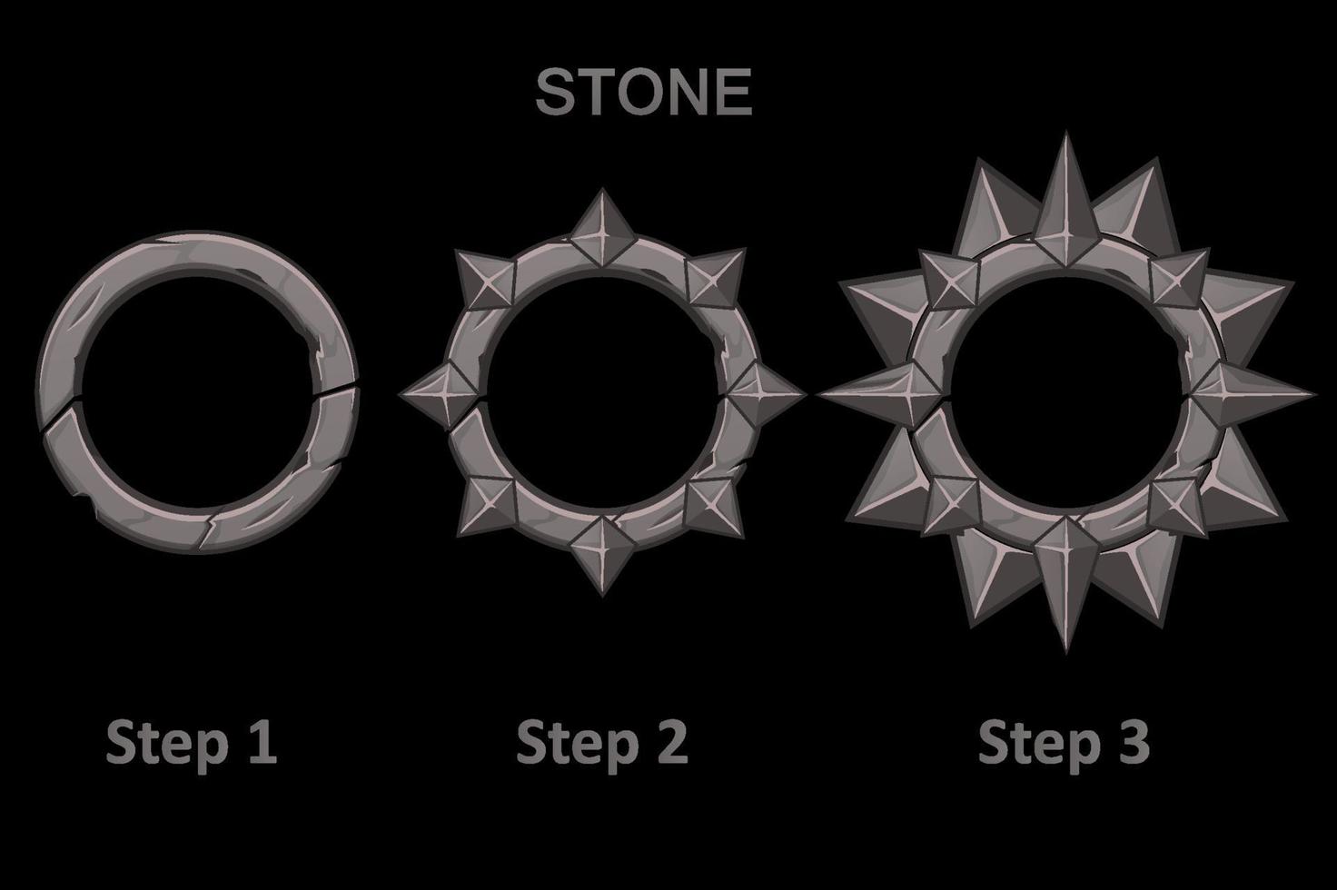Goldene runde Rahmen-App, 3 Schritte zum Fortschritt. Runde App-Symbole in Zeichenschritten für das Spiel auf schwarzem Hintergrund. vektor