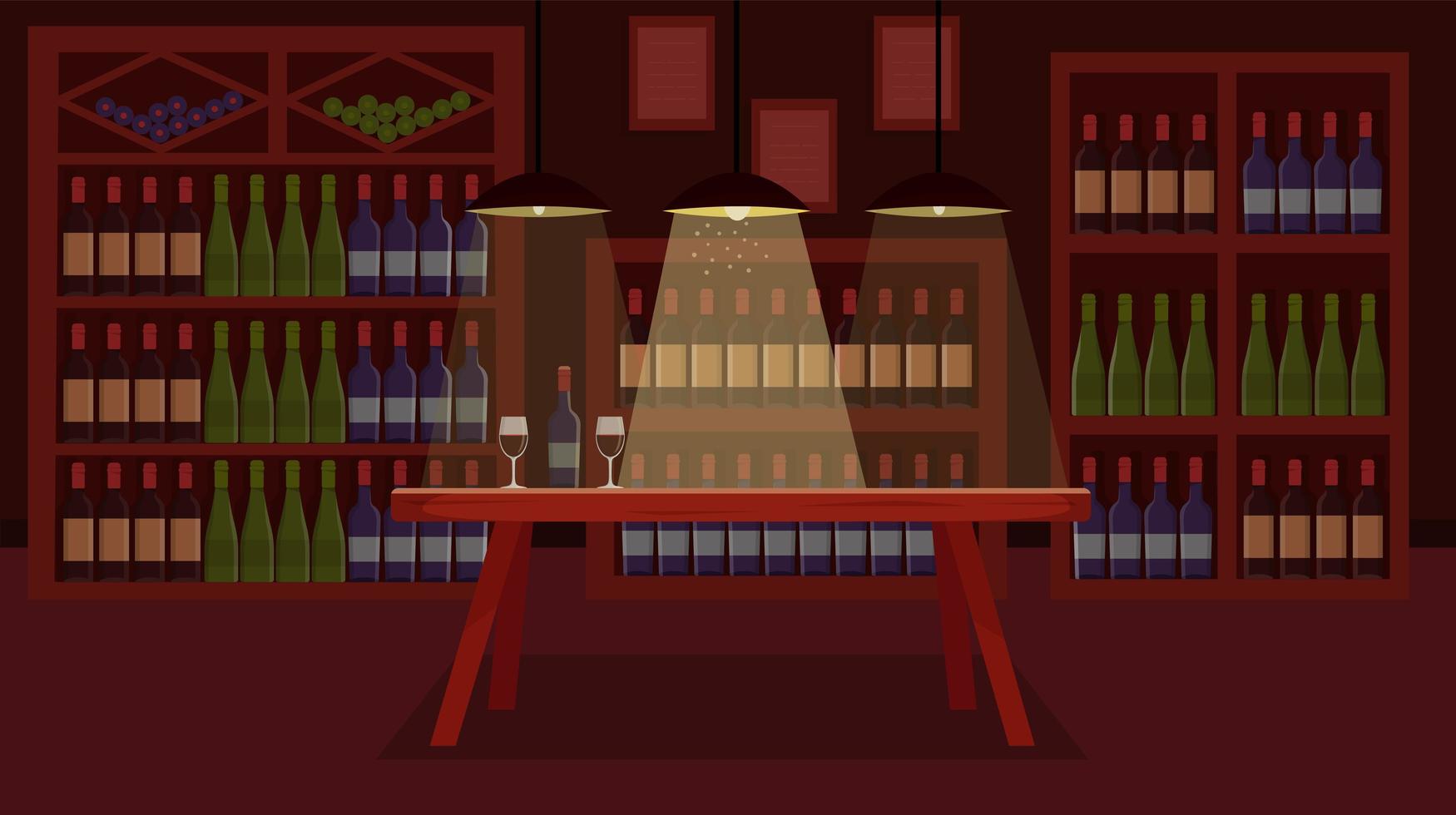 Weinkeller mit Spirituosenschränken. Weinladen. Weinflasche mit Gläsern auf einem Holztisch. Sommelier-Party vektor