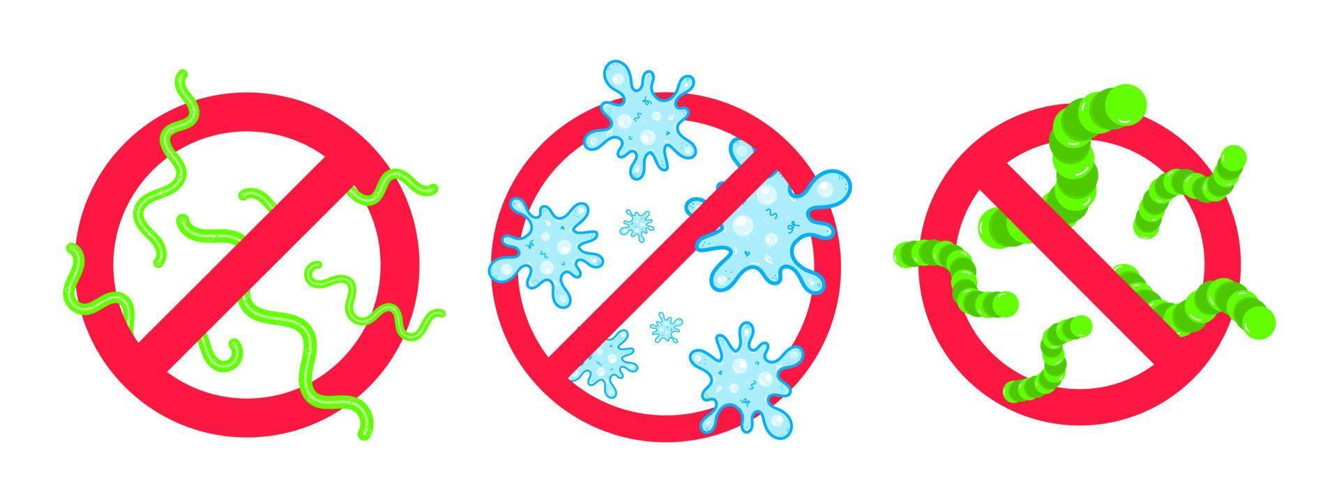 3 stoppa virus och dåliga bakterier eller bakterier förbudsskylt. vektor