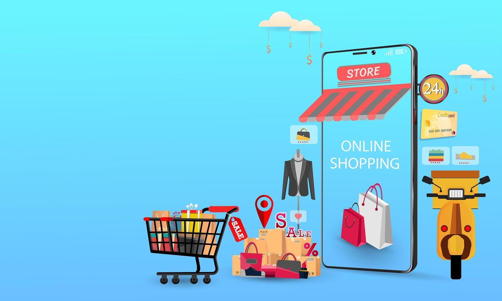 Mobiltelefon stellt die Vorderseite des Shops dar. Online-Shopping auf der Website oder Konzeptmarketing für mobile Anwendungen und digitales Marketing. vektor