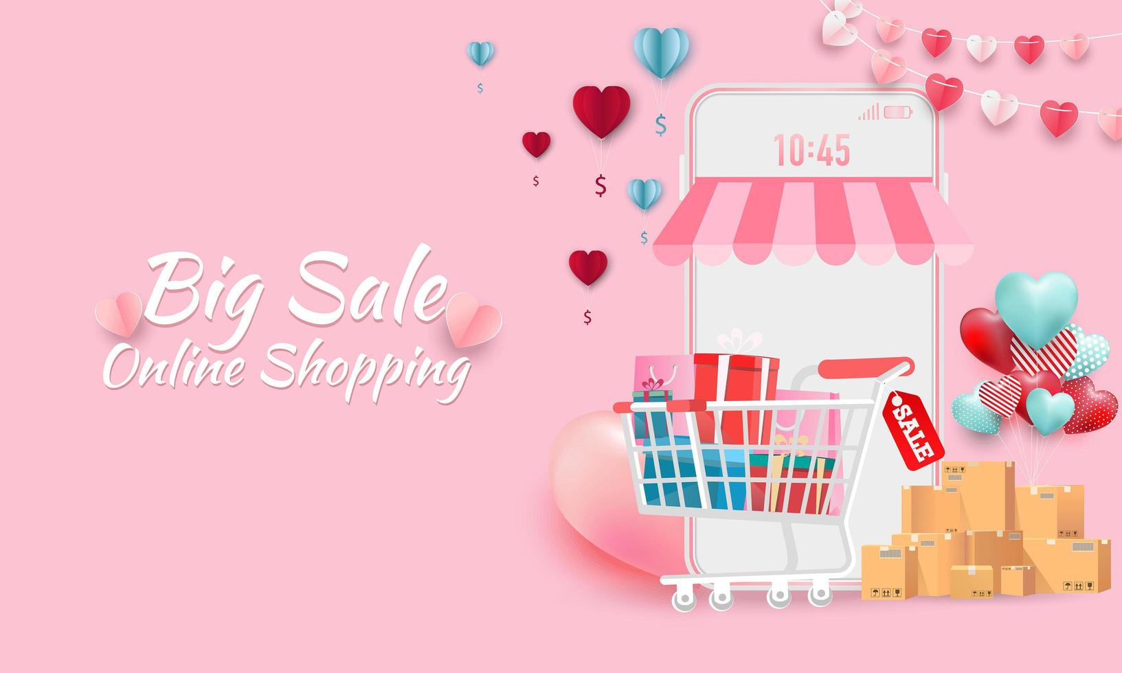 Happy Valentine's Day Sale Banner oder Promotion auf blauem Hintergrund. online-shopping-shop mit handy, kreditkarten und shop-elementen. Vektor-Illustration. vektor