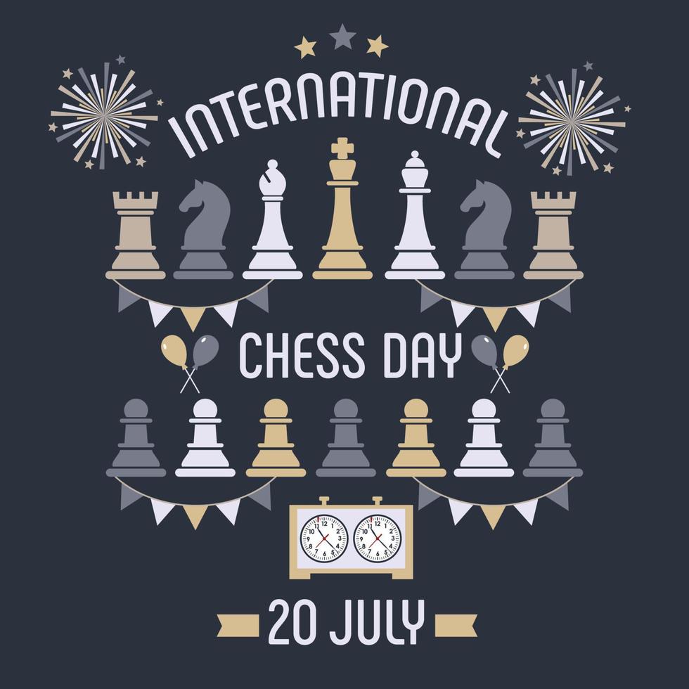 internationella schackdagen firas årligen den 20 juli, schackbräde och klocka. vykort. vektor