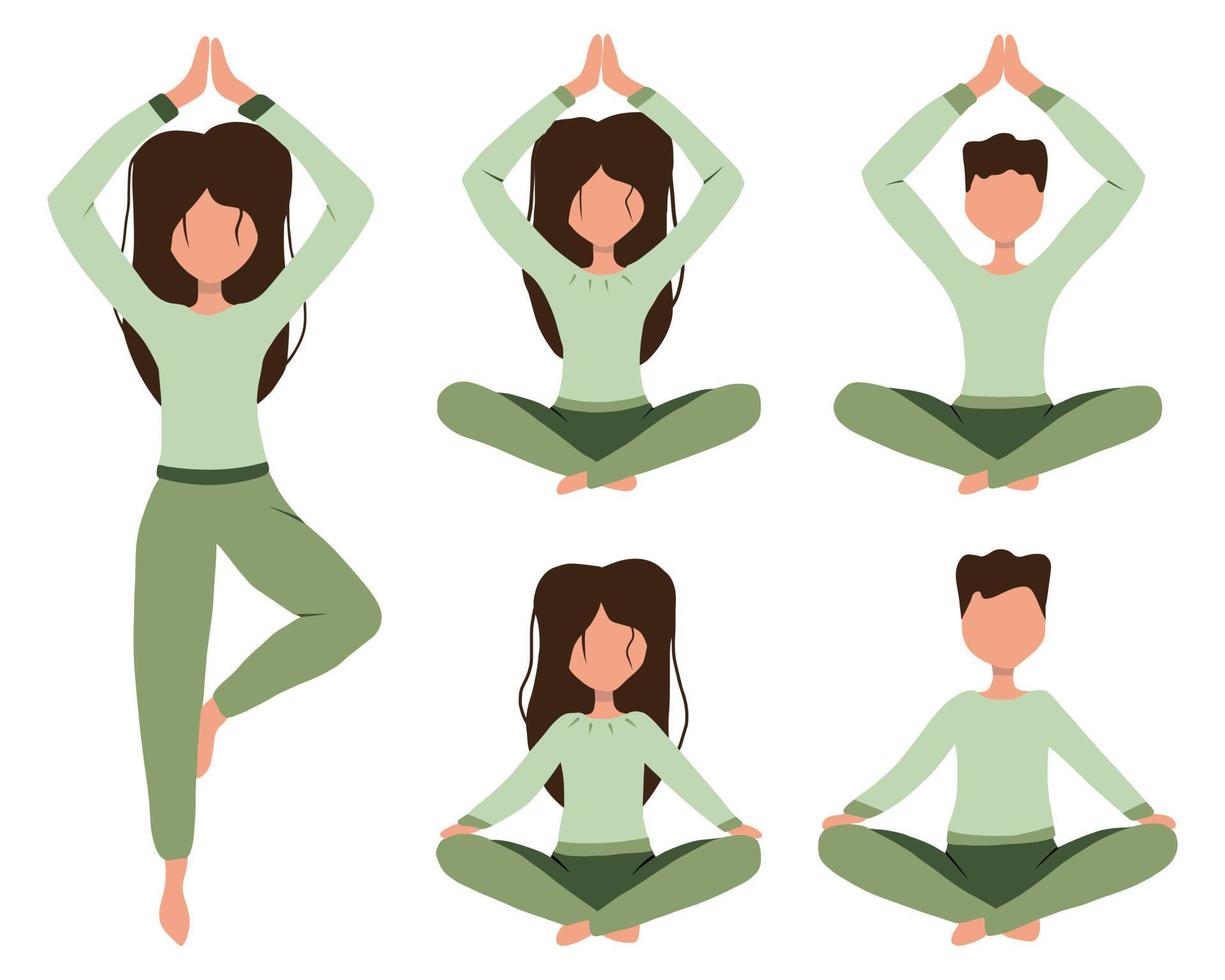 eine Reihe von Yoga-Posen. Eine Reihe schlanker, athletischer junger Frauen und Männer, die Yoga-Übungen machen. gesunder Lebensstil. vektor