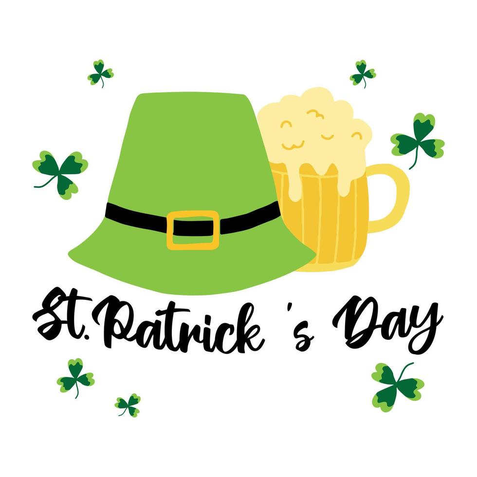 vektor gratulationskort för st. Patricks dag. söt illustration av grön hatt, öl och klöver. St Patricks Day.