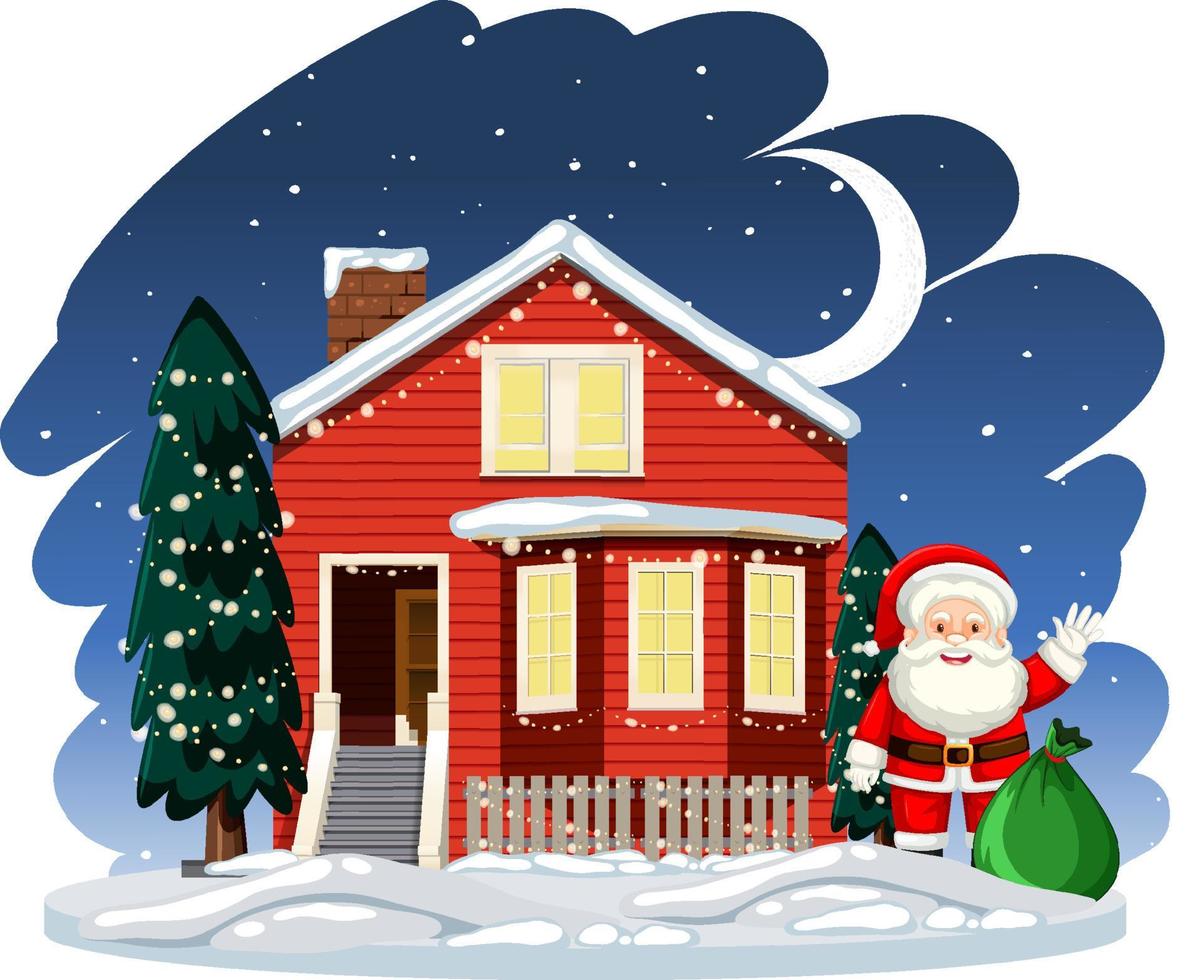 jultomten står bredvid ett hus på nattscenen vektor