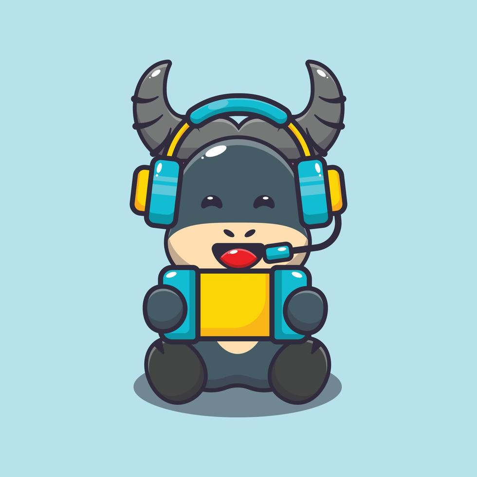 söt buffel maskot tecknad illustration spelar spel vektor