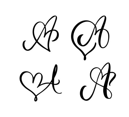 Vektor uppsättning av vintage blommigt brev monogram A. kalligrafi element valentin blomstra. Handritad hjärta skylt för sida dekoration och design illustration. Kärlek bröllopskort för inbjudan