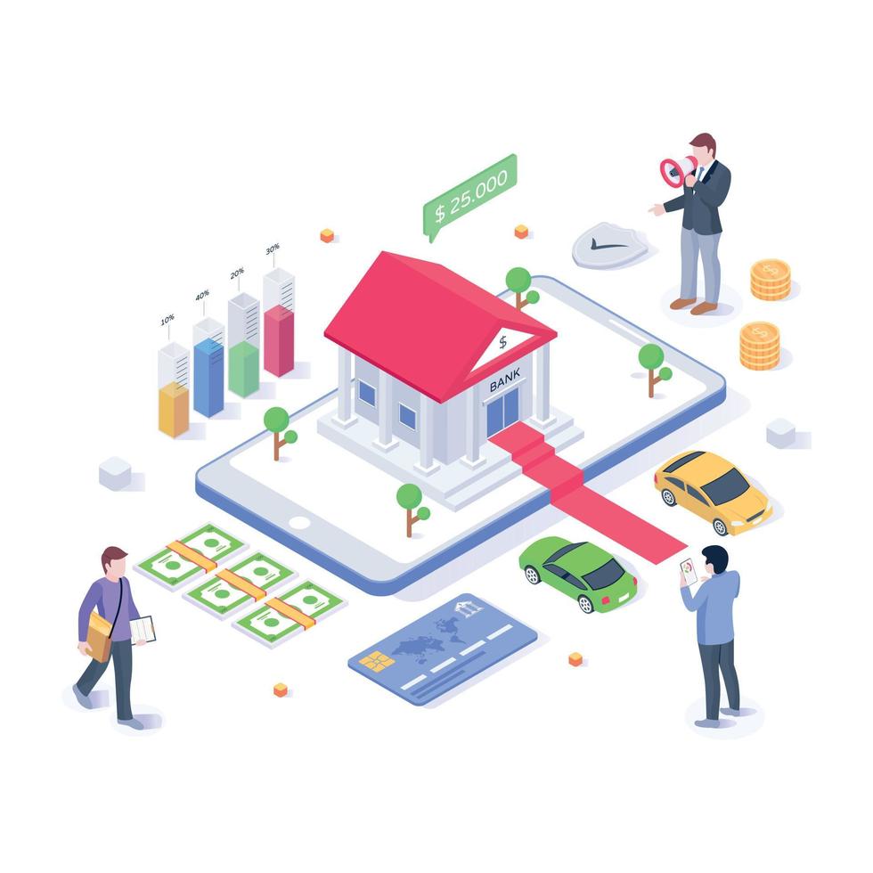 mobilbank, isometrisk illustration med högkvalitativ grafik vektor