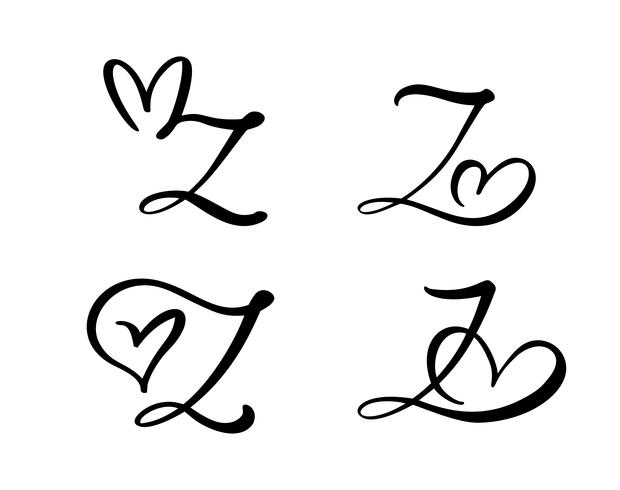 Vektor uppsättning av vintage blommigt brev monogram Z. kalligrafi element valentin blomstra. Handritad hjärta skylt för sida dekoration och design illustration. Kärlek bröllopskort för inbjudan