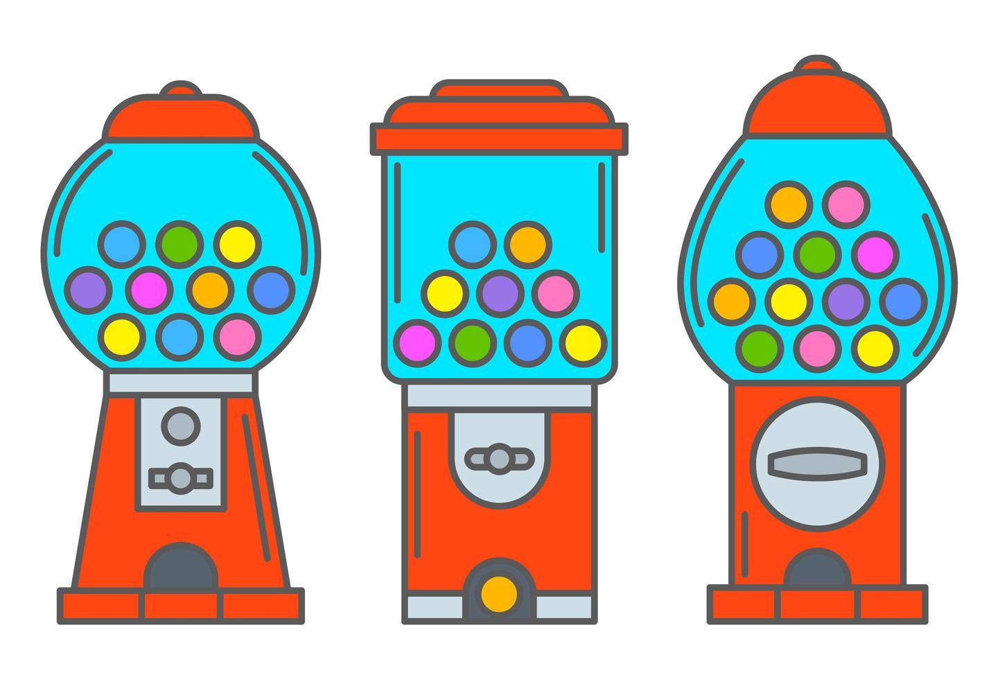 gumball maskin Ikonuppsättning. Retro automat för godis och tuggummi. sötsaker slot vektor illustration isolerad på vit bakgrund