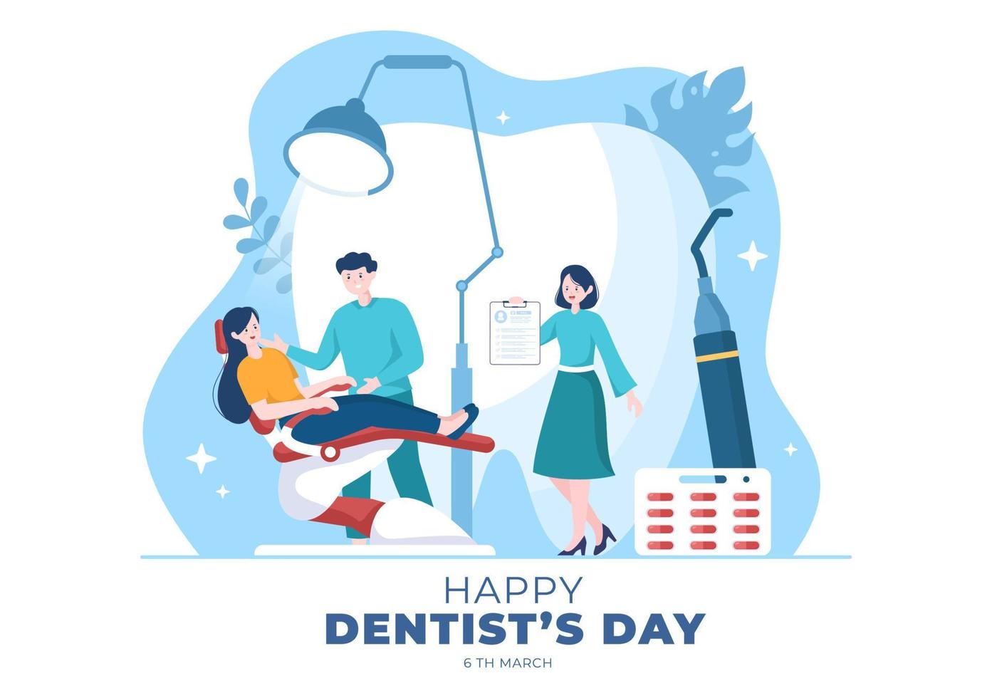 Weltzahnarzttag mit Zahnheilkunde und Patient im Sessel in flacher Cartoon-Hintergrundillustration, geeignet für Poster oder Banner vektor