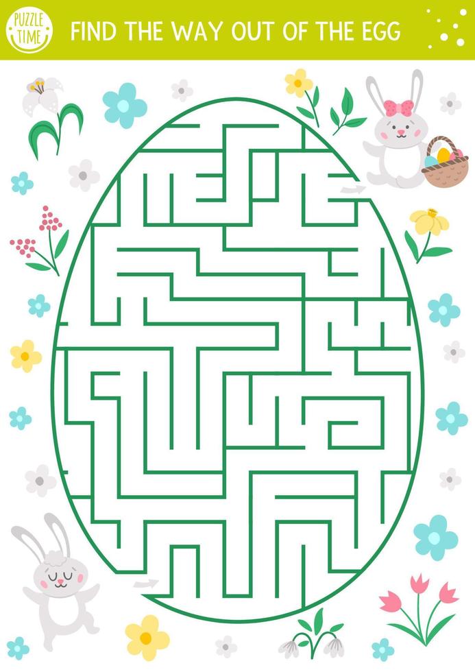 Osterlabyrinth für Kinder mit süßen Hasen in Eiform. druckbare Aktivität für die Vorschule in den Ferien. lustiges frühlingsgartenspiel oder puzzle mit tieren und blumen. Finde den Weg aus dem Ei. vektor