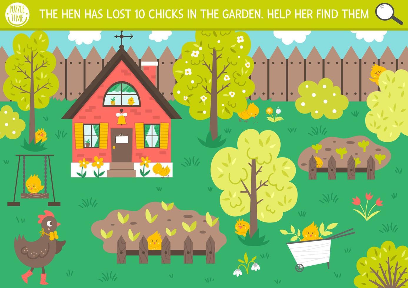 Vektor-Osterferien-Suchspiel mit süßer Henne und Hühnern im Garten. Finde versteckte Küken auf dem Bild. einfache, lustige, druckbare Frühlingsaktivität für Kinder mit lustigen Charakteren vektor