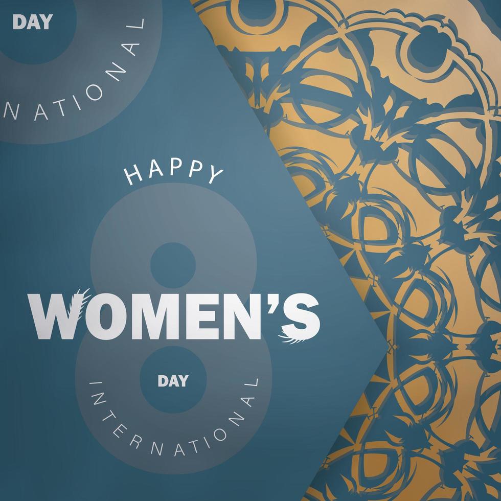 gratulationskort internationella kvinnodagen i blått med vintage guldmönster vektor