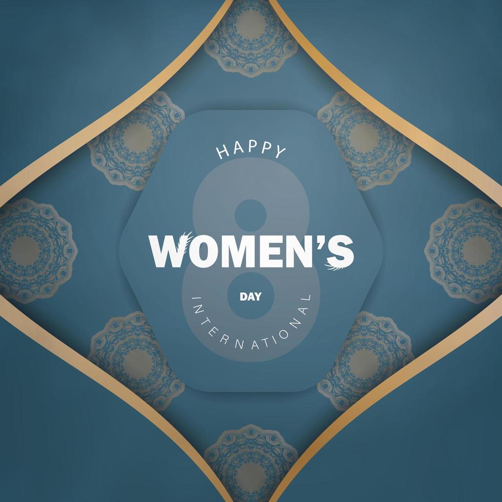 gratulationskort 8 mars internationella kvinnodagen i blått med abstrakt guldprydnad vektor