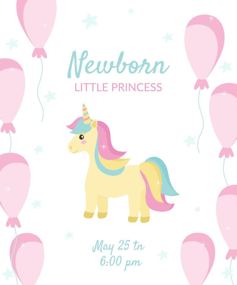 eine Postkarte für eine neugeborene kleine Prinzessin, mit einem Einhorn und Luftballons. festliche vektorillustration in zarten pastellfarben. vektor