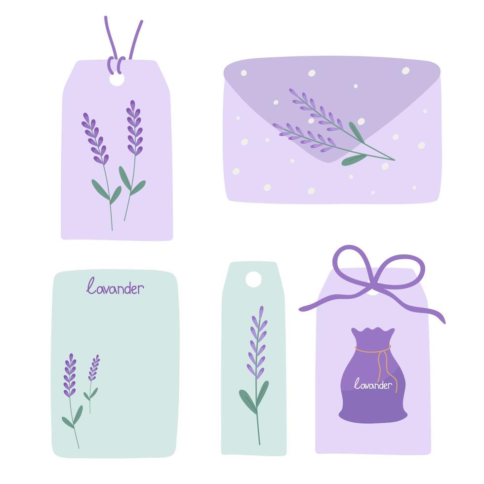 Lavendel zarte Karte, Tags, Briefe und Etiketten. vektorillustration isoliert. für Design, Dekoration oder Postkarten vektor