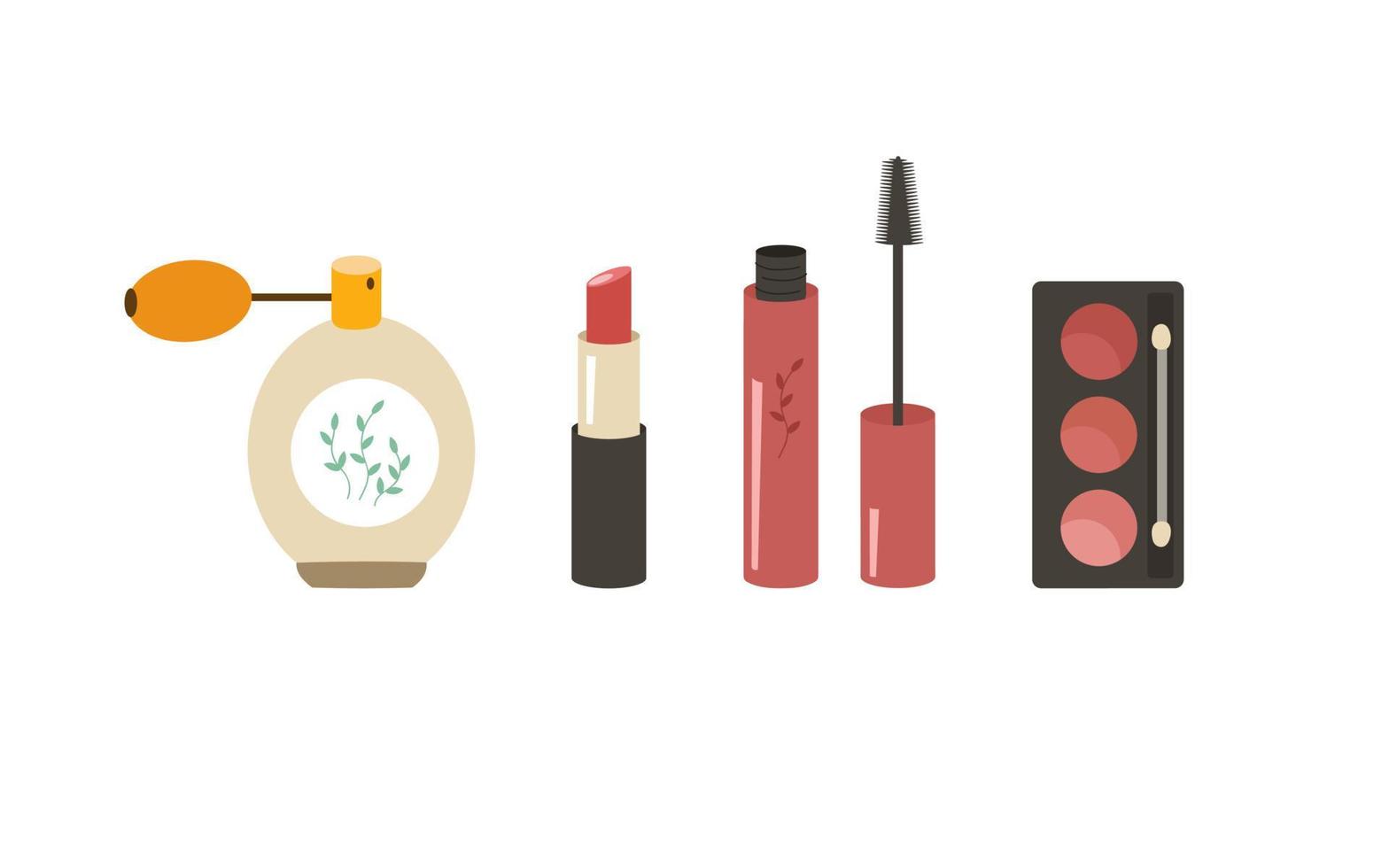 dekoratives Kosmetikset für Damen. Lippenstift, Lidschatten, Rouge, Mascara, Parfüm. isolierte Vektorillustration. clipart von artikeln für die körperpflege, schminken. vektor