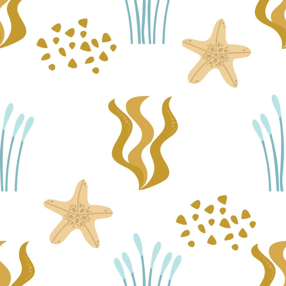 sjöstjärnor och bruna och gröna alger. seamless mönster på en vit bakgrund. marin samling. vektorillustration för utskrift på papper, tyg, textilförpackningar. vektor