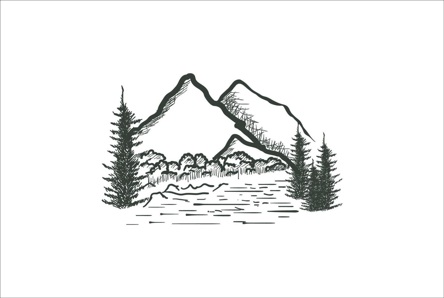 berg med floden bäck och tall vintergröna barrträd gran cypress lärk träd skog logotyp design vektor
