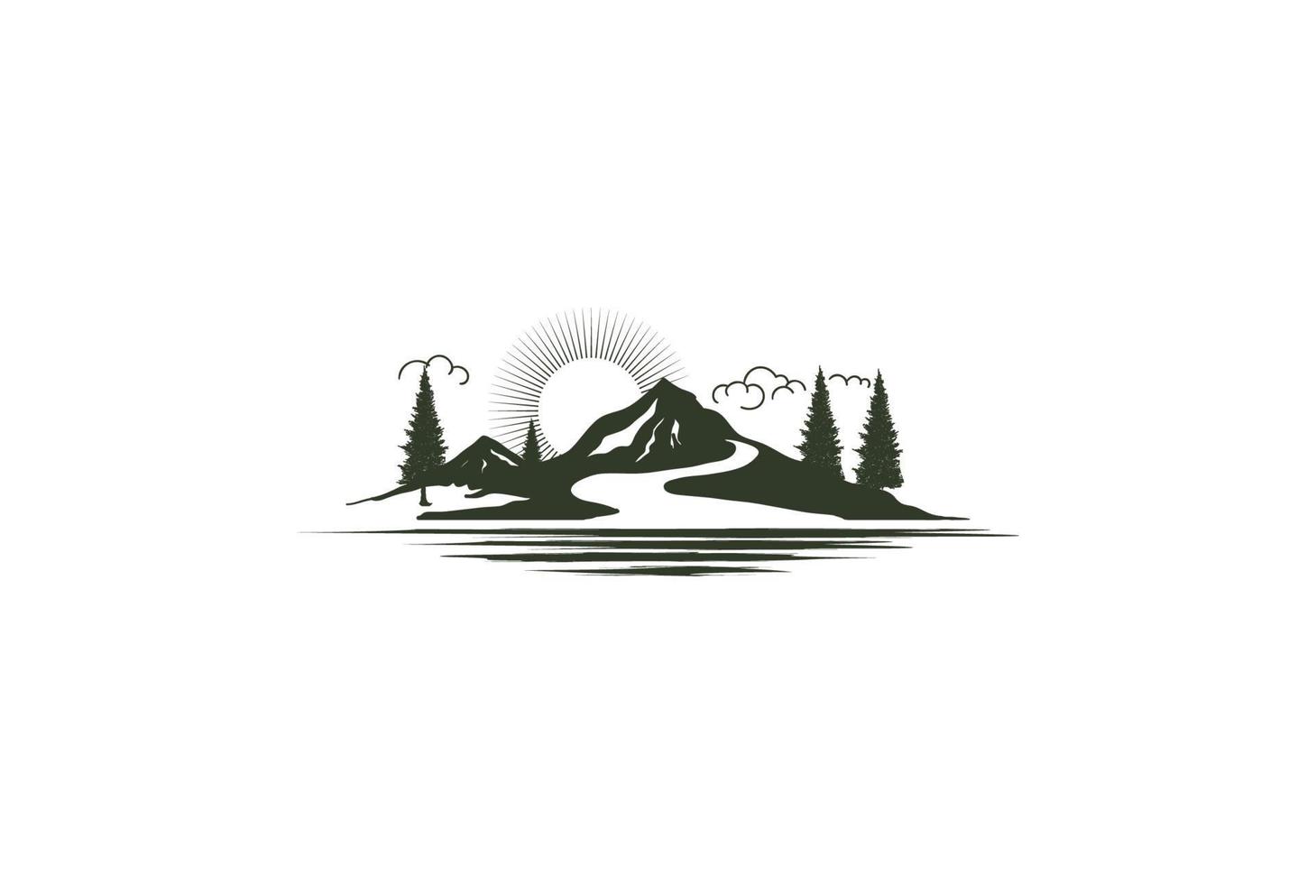 solnedgång soluppgång bergskull tallskog med floden creek sjö landskapsvy logotyp design vektor