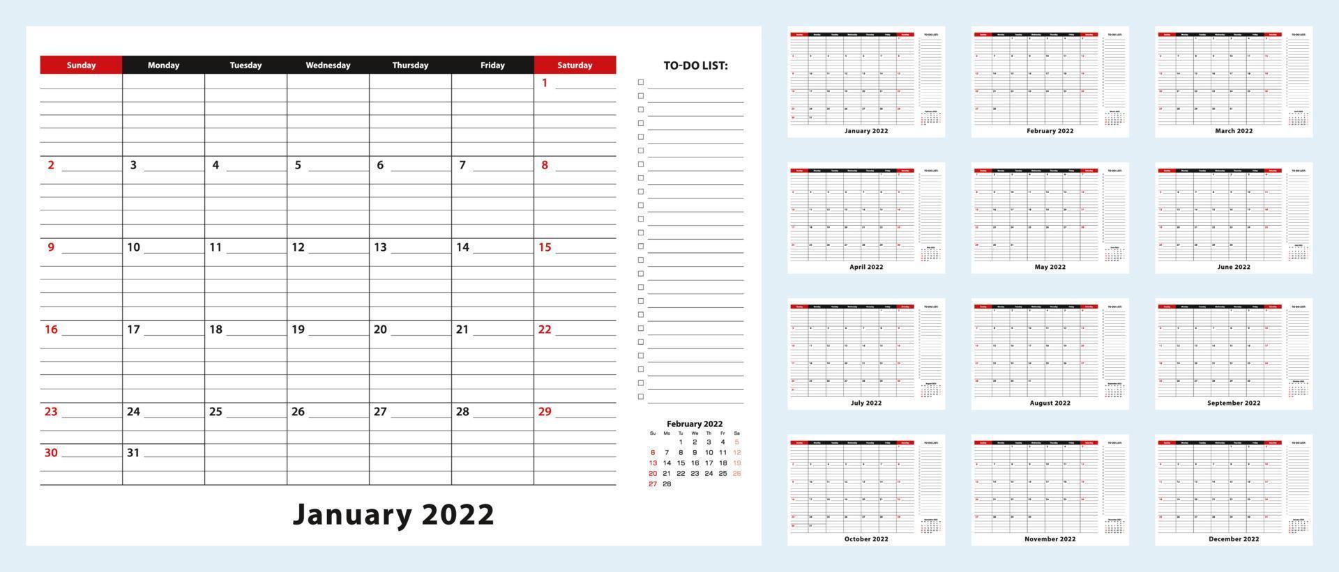 Vektor-Monatskalender für Schreibtischunterlagen, Januar 2022 - Dezember 2022. Kalenderplaner mit Aufgabenliste und Platz für Notizen. vektor