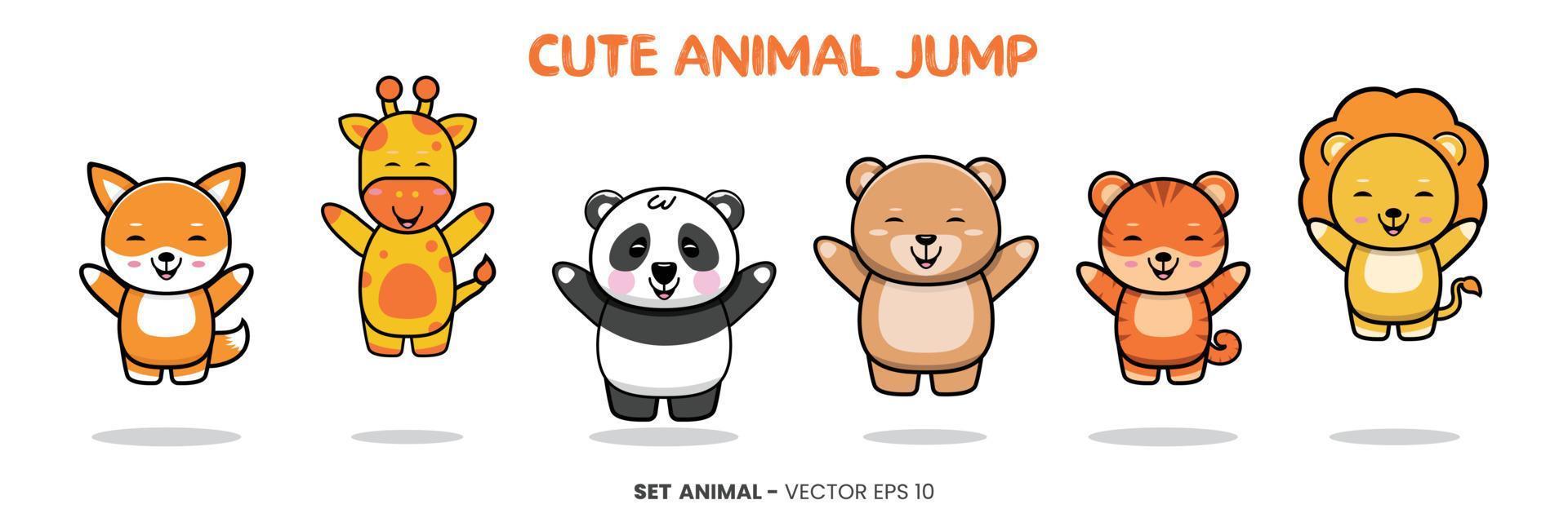 kindermotivierte illustration mit niedlichen tierfiguren - giraffe, panda, bär, tiger, löwe und fuchstier, das mit einem glücklichen ausdruck sitzt und lächelt. vektor