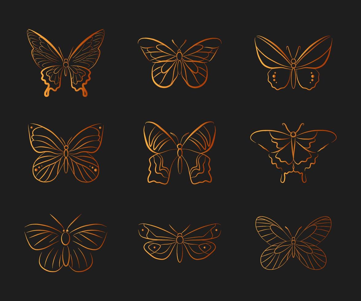 schmetterling gold texturiert silhouette sammlung vektor symbol gekritzel handgezeichnete umriss isoliert skizze insekt form schön emblem design element