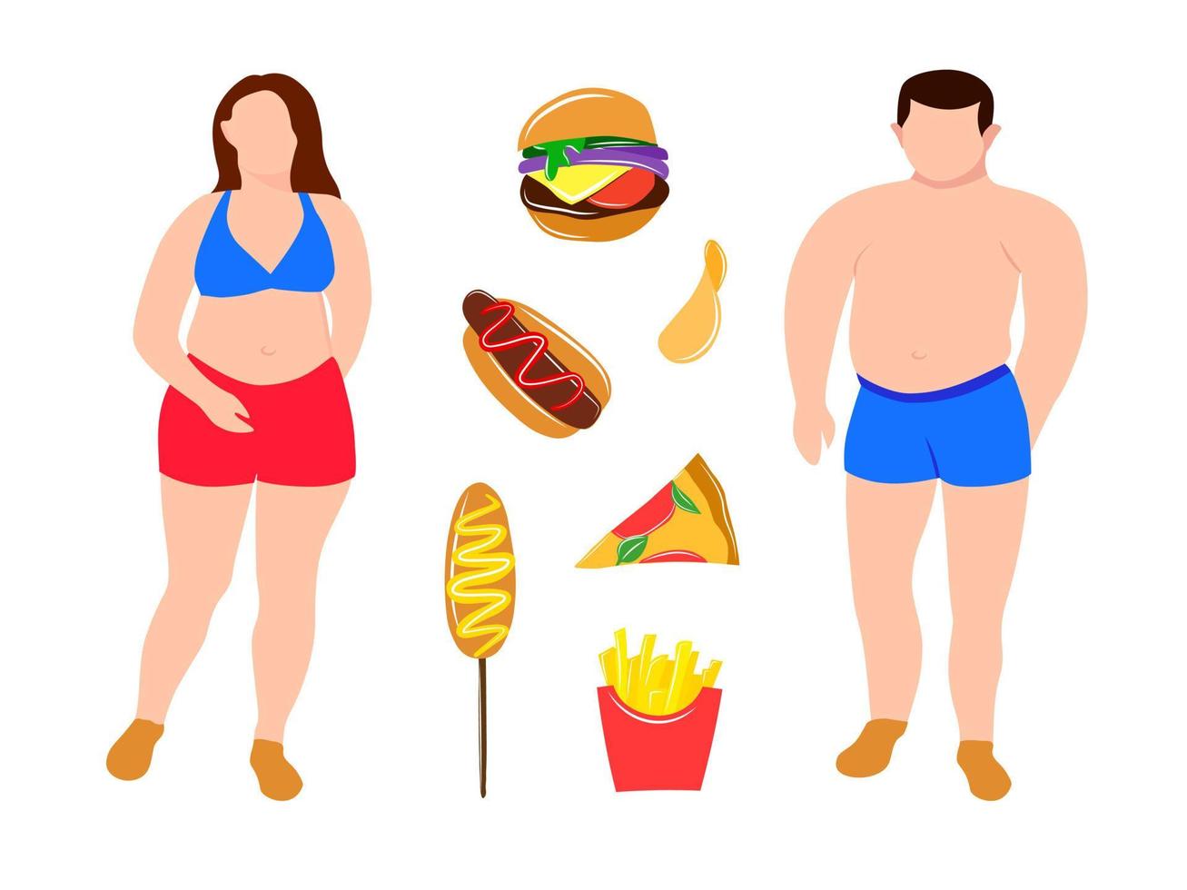 ungesundes essen essen konzept vektorillustration isoliert junk food übergewicht fett figur frau und mann cartoon flache charakter modell person diäten burger pizza hot dog pommes frites bunter satz vektor