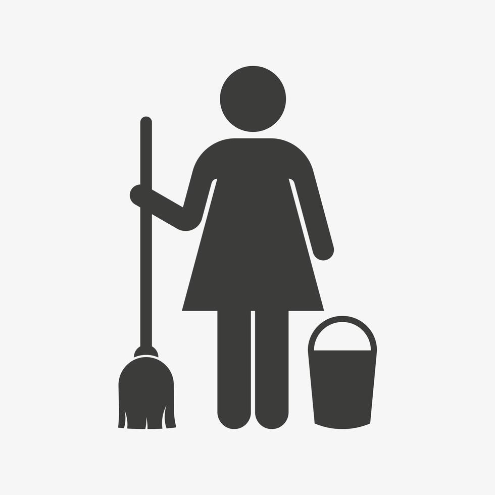 en renare kvinna med städredskapsutrustning, kvast och korg. vektor illustration.