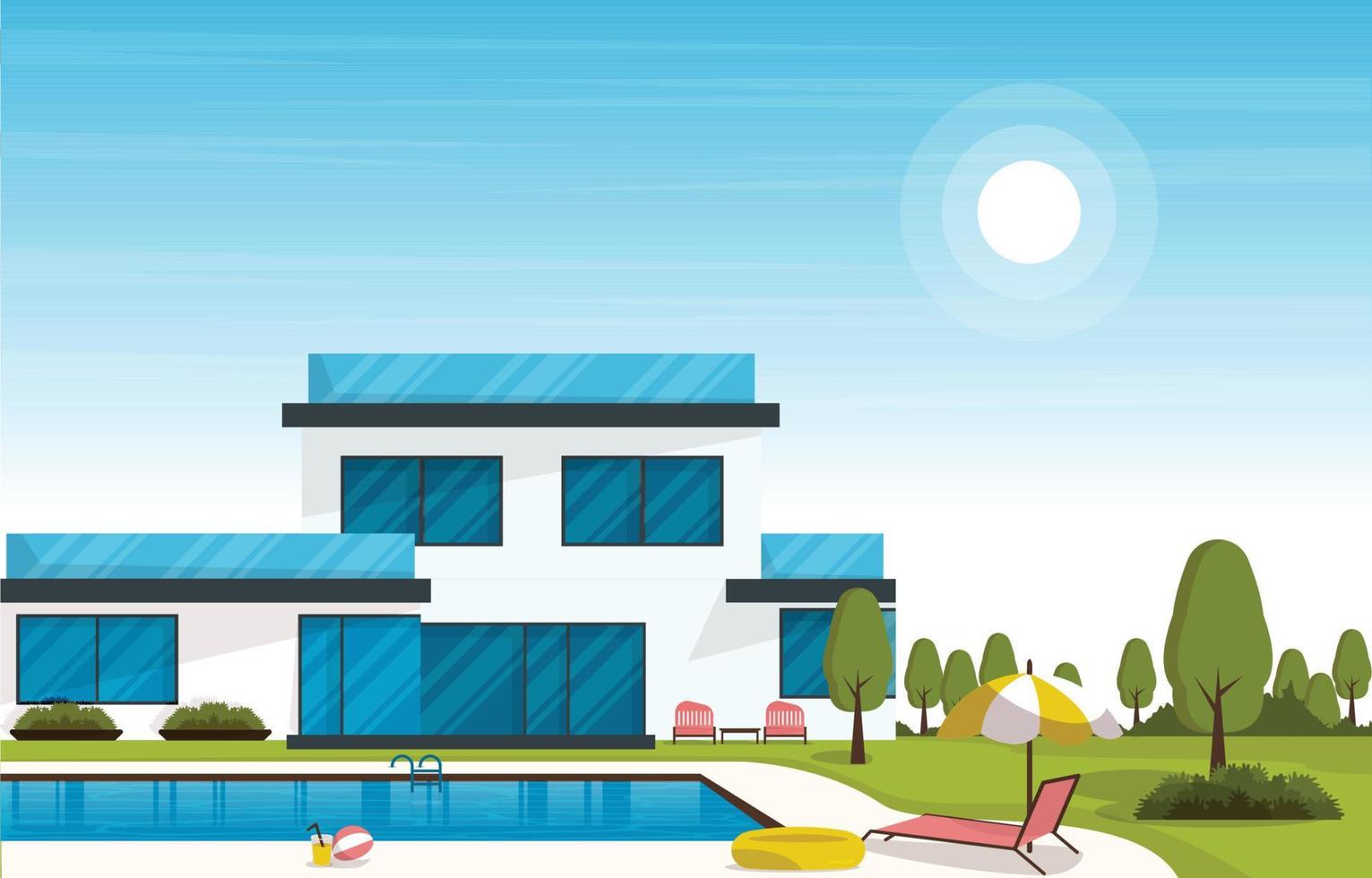 utomhuspool lyxigt hus fritid avkoppling platt design illustration vektor