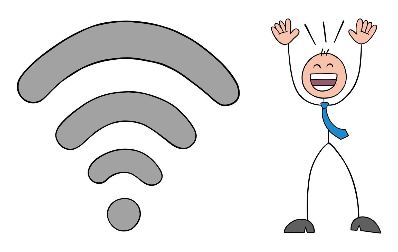 stickman affärsman är mycket nöjd med den starka wifi-signalen, handritad kontur tecknad vektorillustration vektor