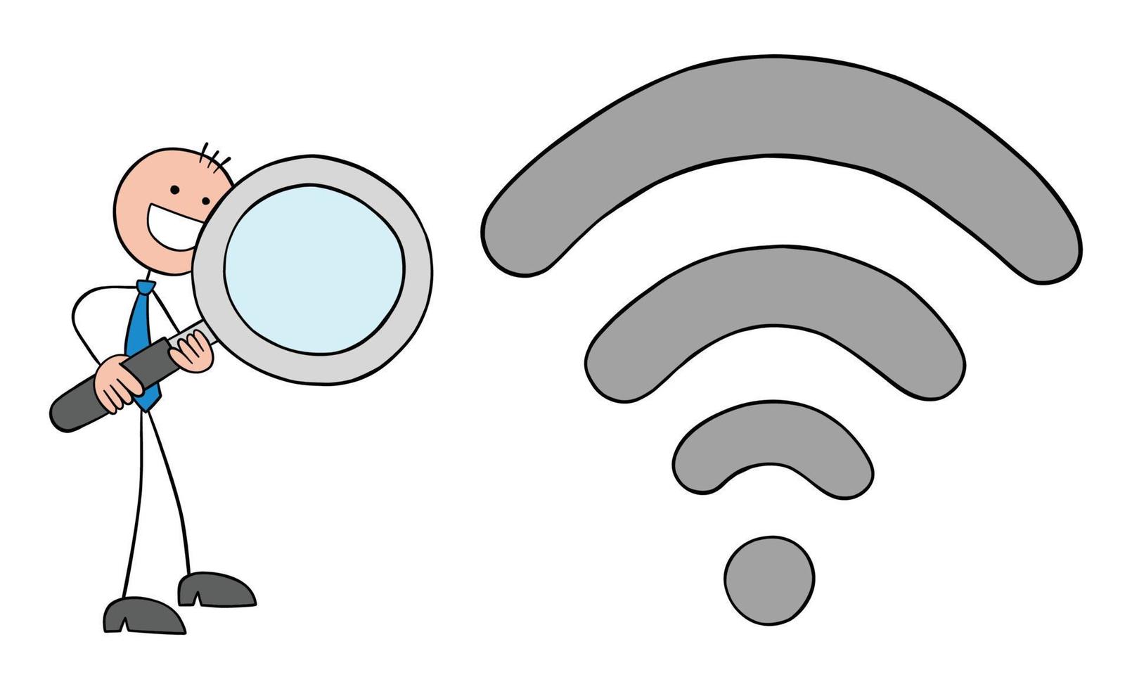 stickman geschäftsmann untersucht wifi-signal mit lupe, handgezeichnete umrisskarikaturvektorillustration vektor