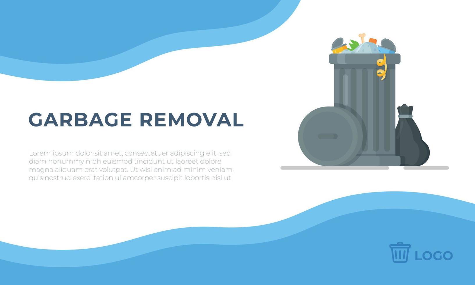 grauer Mülleimer auf blauem und weißem Hintergrund. Website zum Bestellen des Müllabfuhrdienstes. vektor