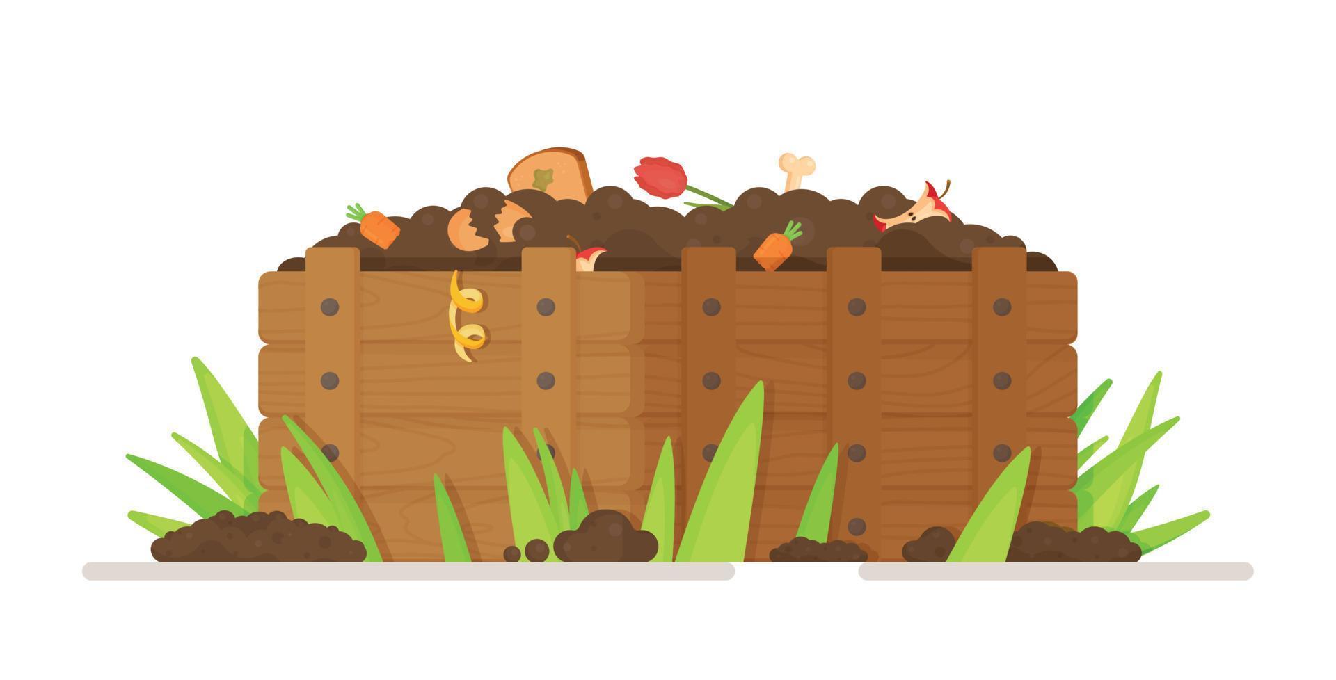 vektorillustration av att samla avfall för återvinning i en kompostgrop. en låda med skinn, rester och jord. vektor