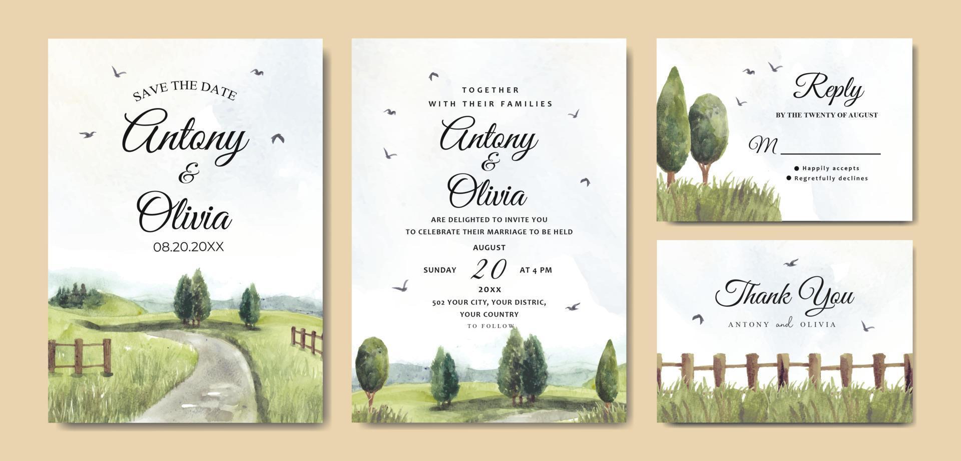 bröllopsinbjudan uppsättning av grönt naturlandskap med väg och trädgård staket akvarell vektor