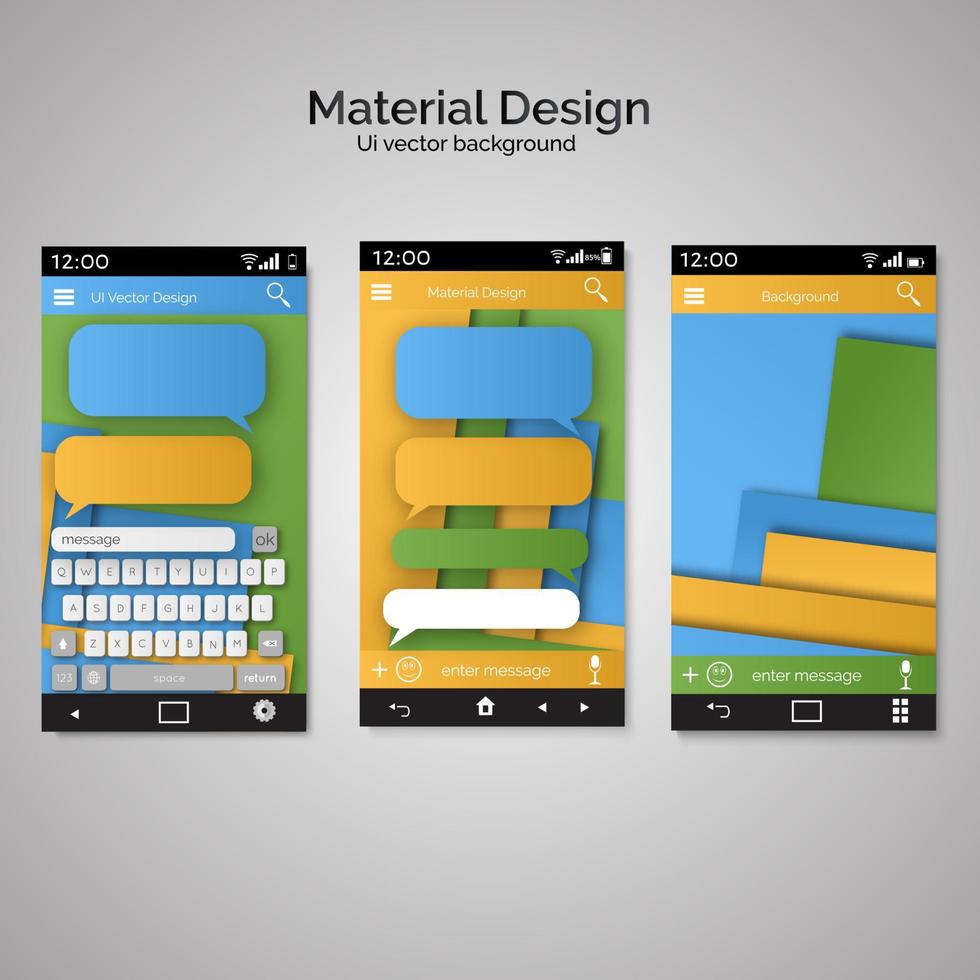 abstrakte benutzeroberflächenvorlagen von überlappungspapier. satz von ui-materialdesignhintergrund. Smartphone chatten SMS-Nachrichten Sprechblasen. Smartphone-Tastatur. vektor