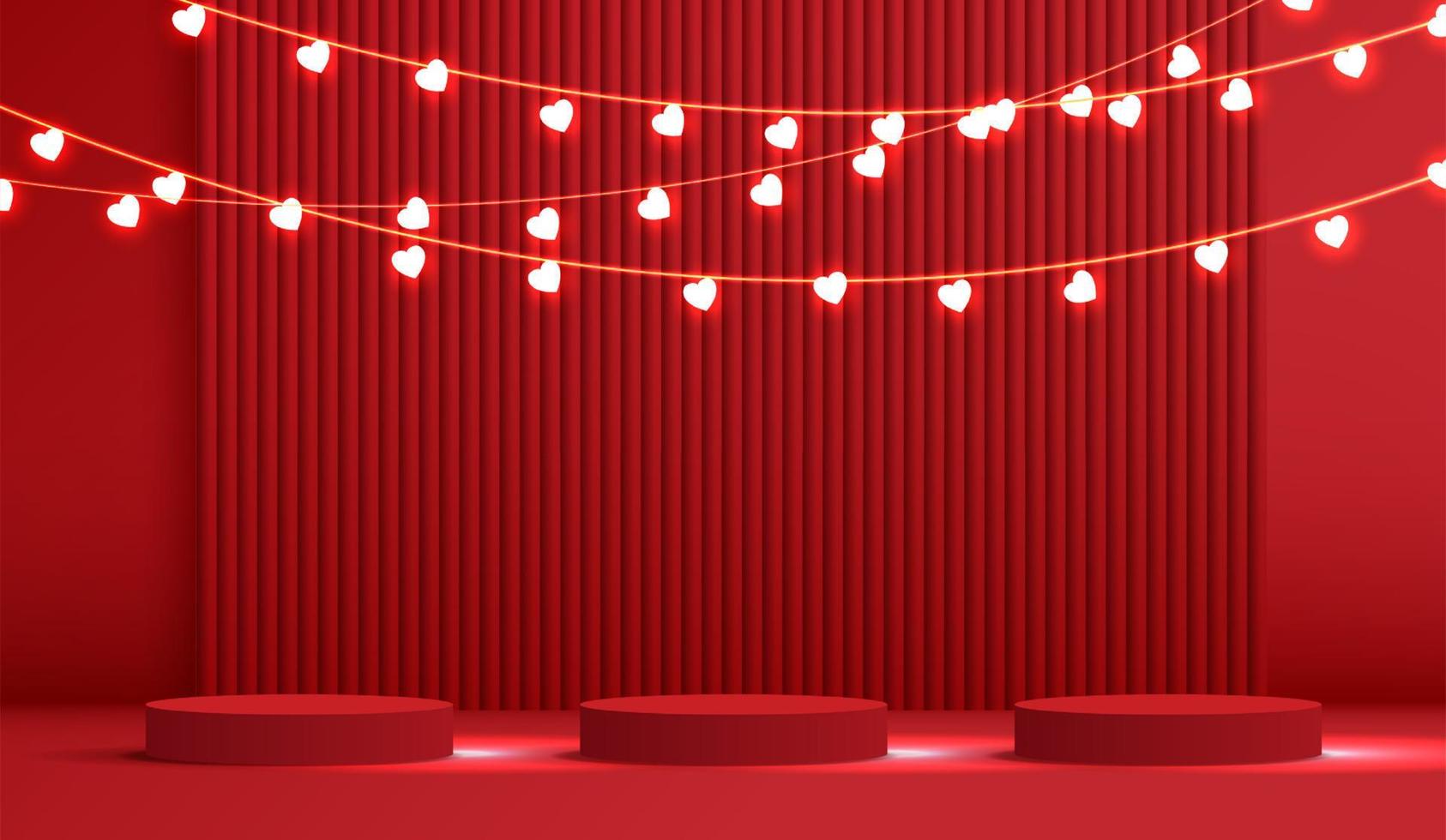 glad alla hjärtans dag och scenen podium dekorerad med hjärtform belysning. piedestal scen med för produkt, kosmetika, reklam, show, prisutdelning, på röd bakgrund. vektor design