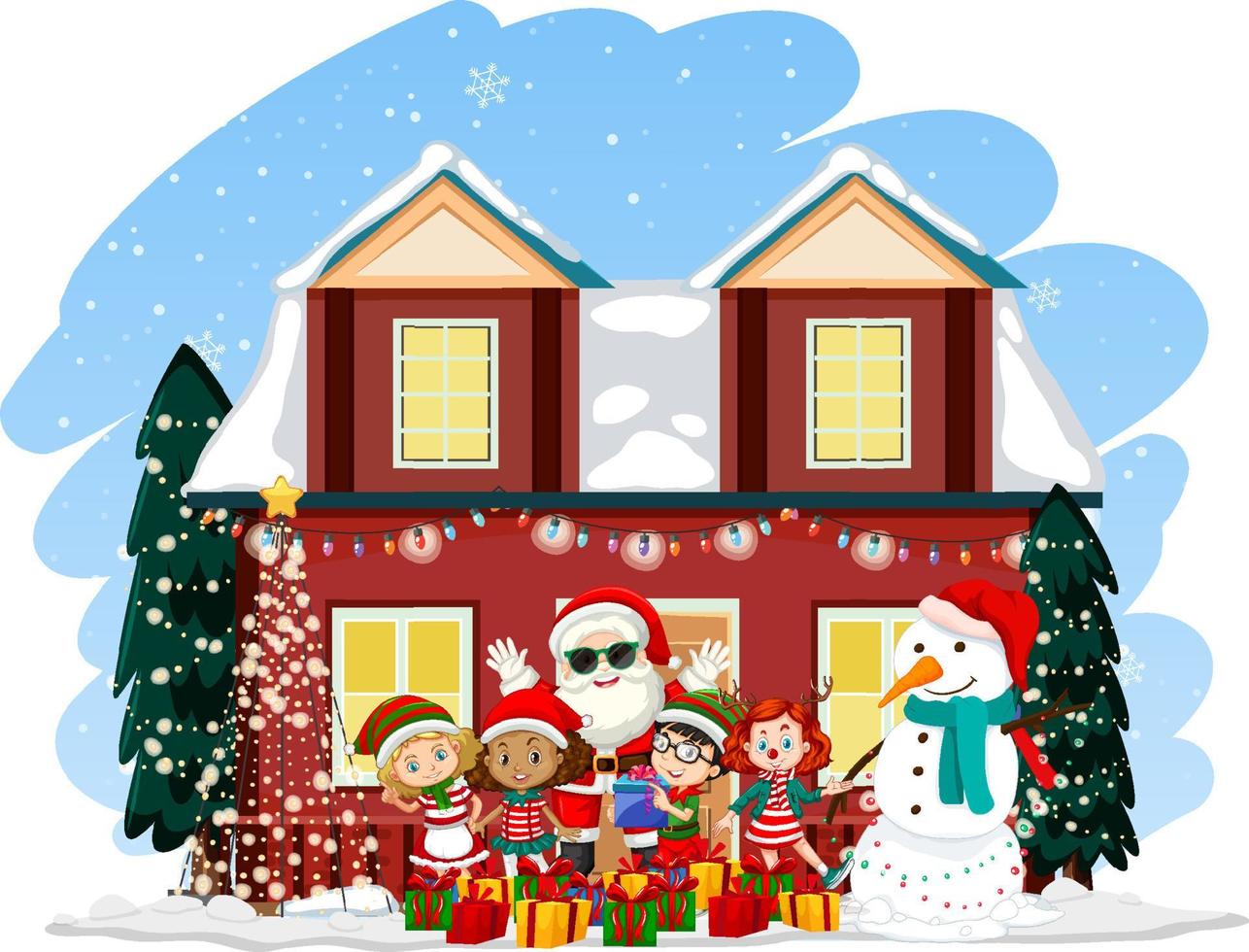 barn firar jul med jultomten framför ett hus vektor