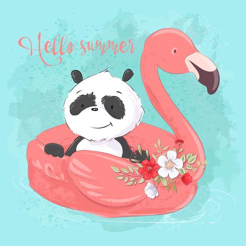 Illustration av ett hälsningskort eller en prinsessa till ett barnrum - en söt panda på en uppblåsbara cirkel i form av en flamingo, vektorillustration i tecknadstil vektor