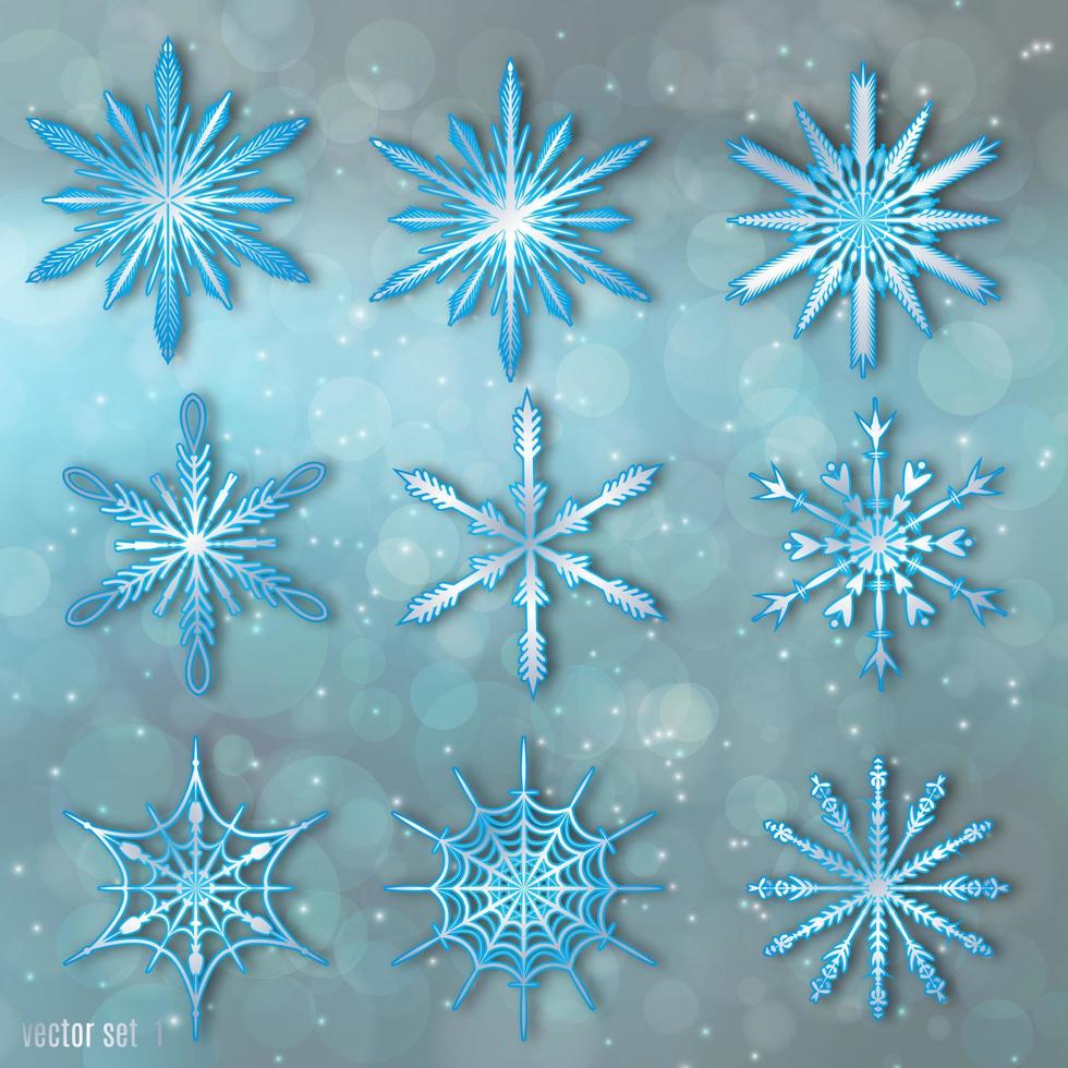vektorillustration der schneeflocke eingestellt auf dunkelblauen unscharfen hintergrund. winterferien dekoration gestaltungselemente. Frohes neues Jahr-Grußkarte. vektor