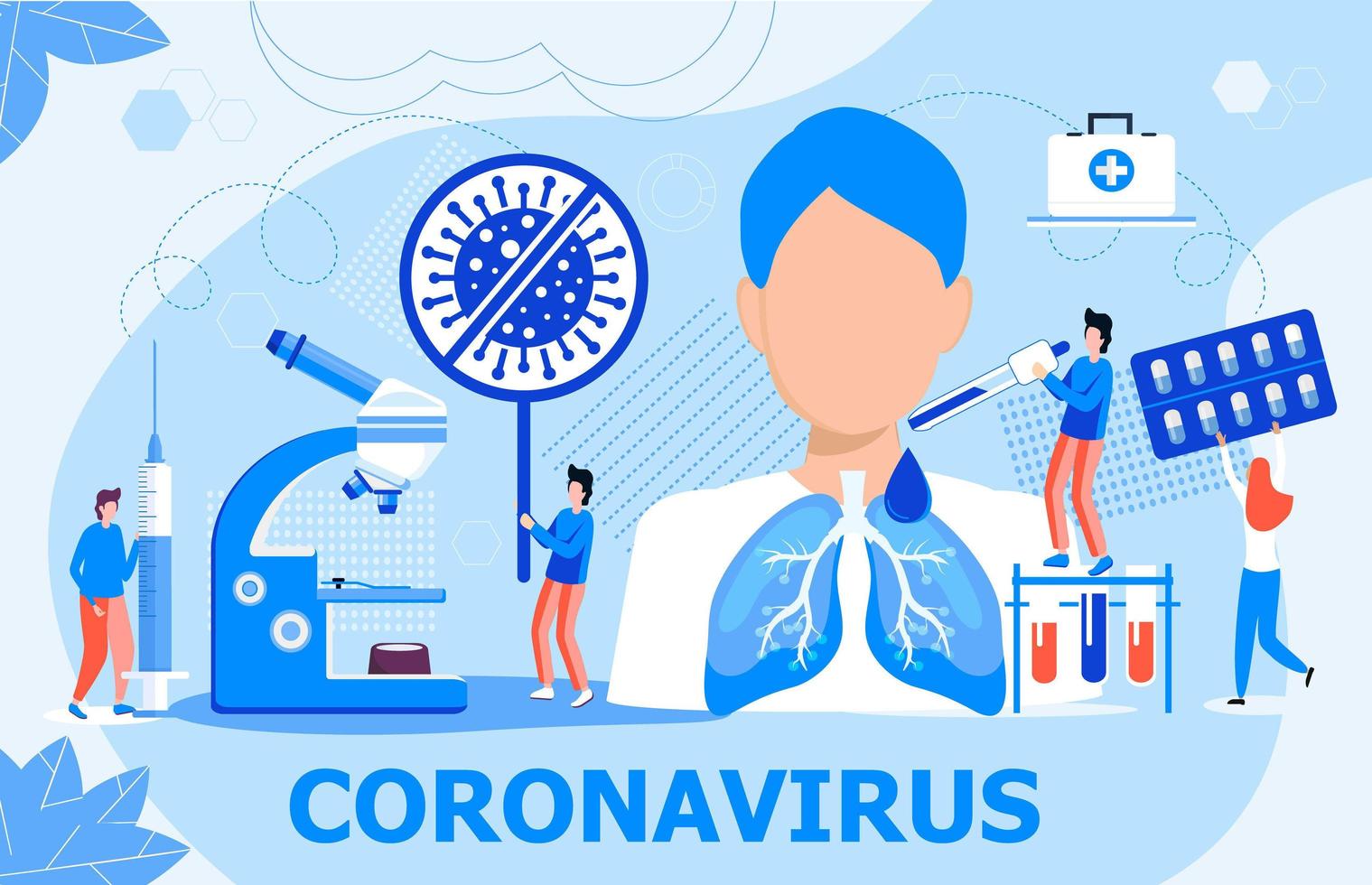 coronavirus koncept vektor för målsida, banner, affisch. små läkare behandlar patienten. stopp cov tecken. återupplivning, lungventilation för att rädda en smittad man. pandemisituation, vetenskap