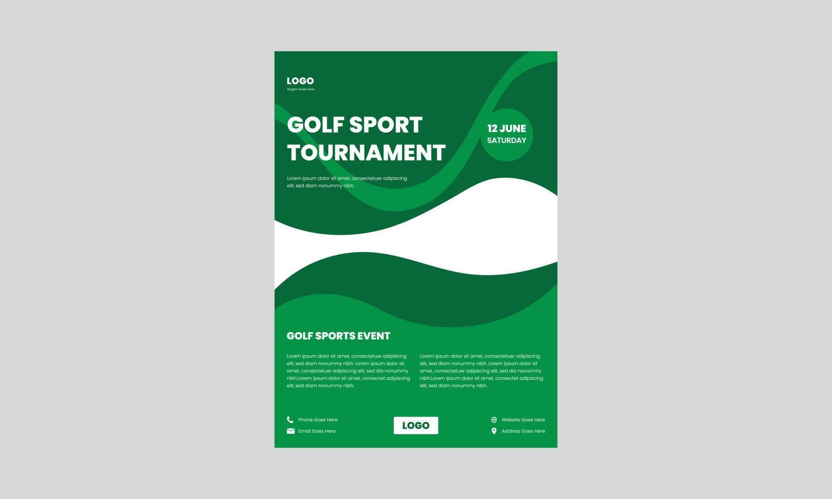 golf turnering flyer mall. golf sportevenemang flygblad design i grön färg. vektor