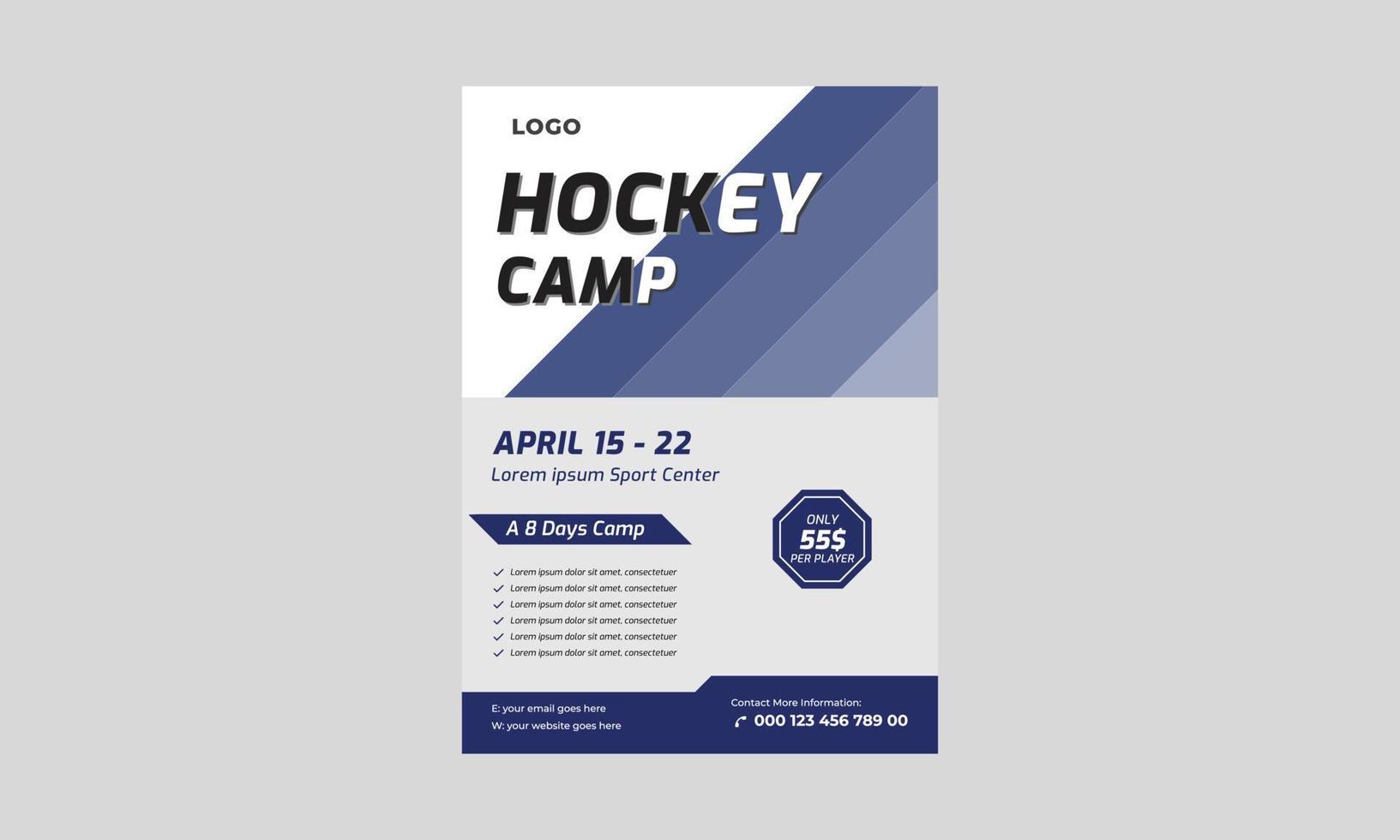 Hockey-Cam-Flyer Teamplate, Lacrosse-Flyer-Design, Sport-Hockey-Camp-Banner, Poster, Hockeyturniere und Camp-Poster. vektor