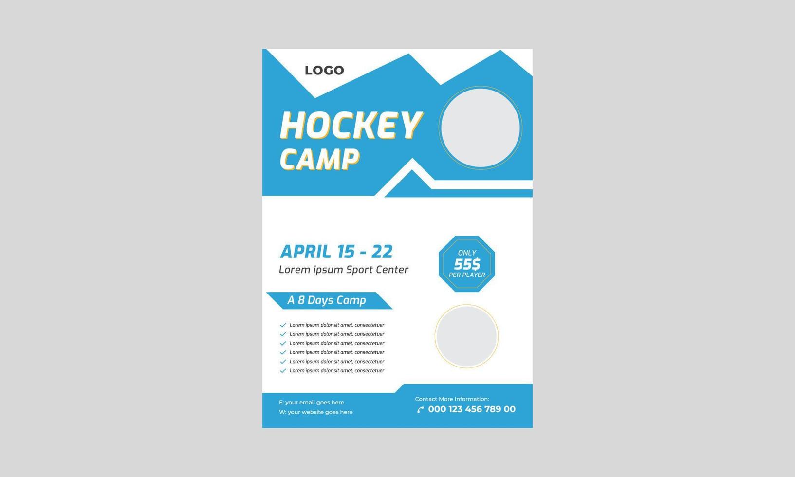 Hockey-Cam-Flyer Teamplate, Lacrosse-Flyer-Design, Sport-Hockey-Camp-Banner, Poster, Hockeyturniere und Camp-Poster. vektor