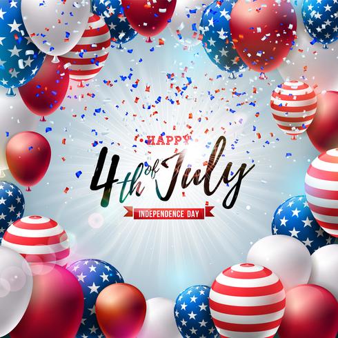 4 juli självständighetsdagen i USA Vector Illustration. Fjärde av juli American National Celebration Design med färgglada luftballong och typografi brev på fallande konfetti bakgrund