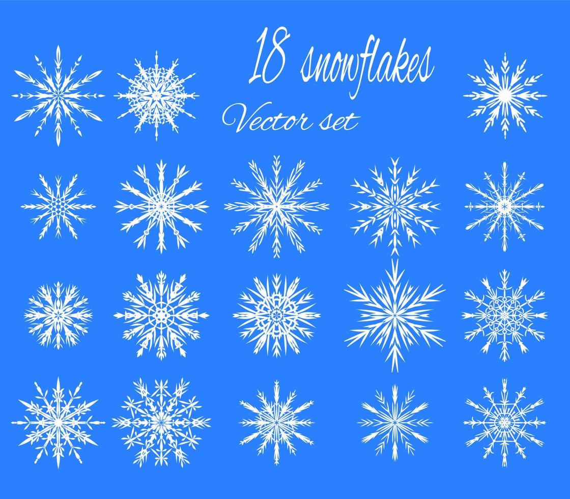 Set 18 weiße verschiedene Schneeflocken aus Handarbeit vektor
