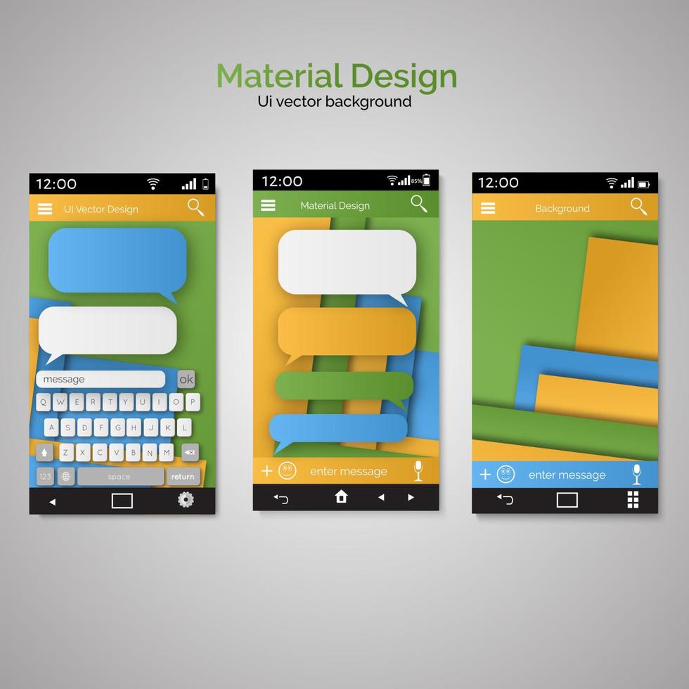 abstrakta mallar för användargränssnitt av överlappande papper. uppsättning av ui material design bakgrund. smartphone chattar sms meddelanden pratbubblor. smartphone tangentbord. vektor