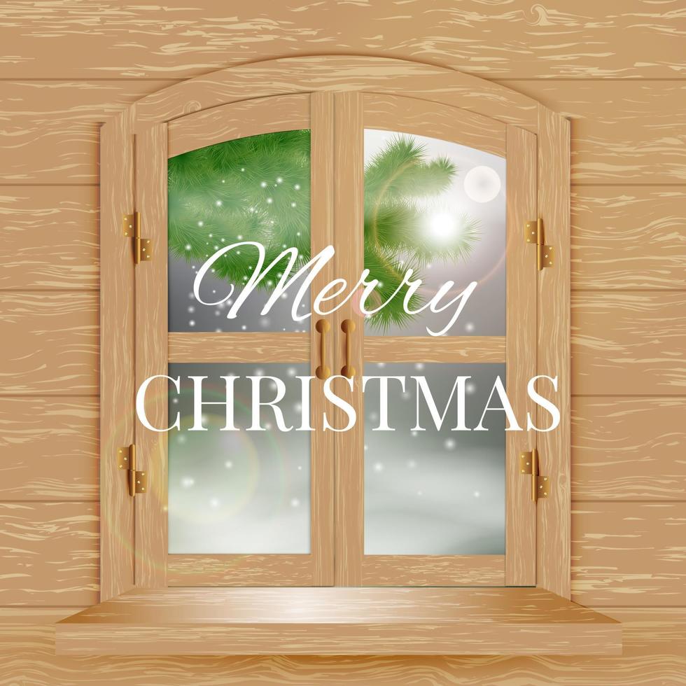 Weihnachtsfensteransicht mit einer verschneiten Landschaft vektor