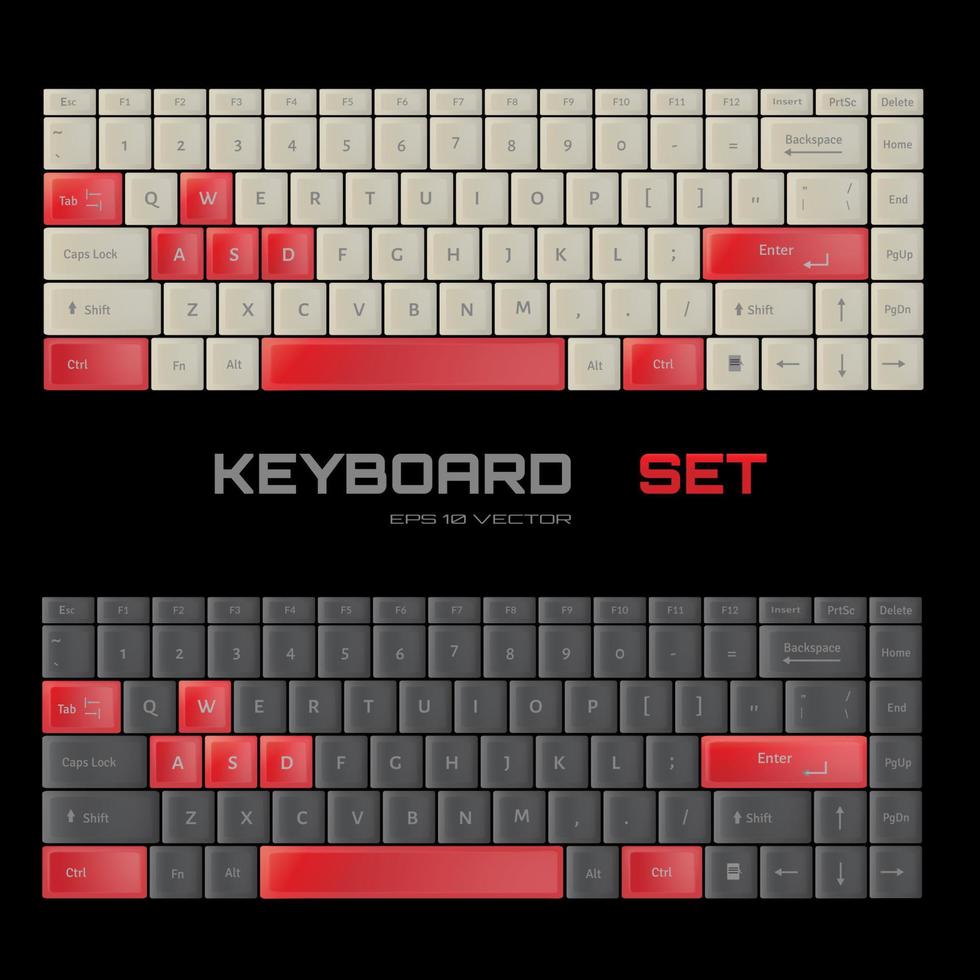 Tastaturen eingestellt. Schwarz-Weiß-Wasd-Gamer-Tastatur-Design. vektor